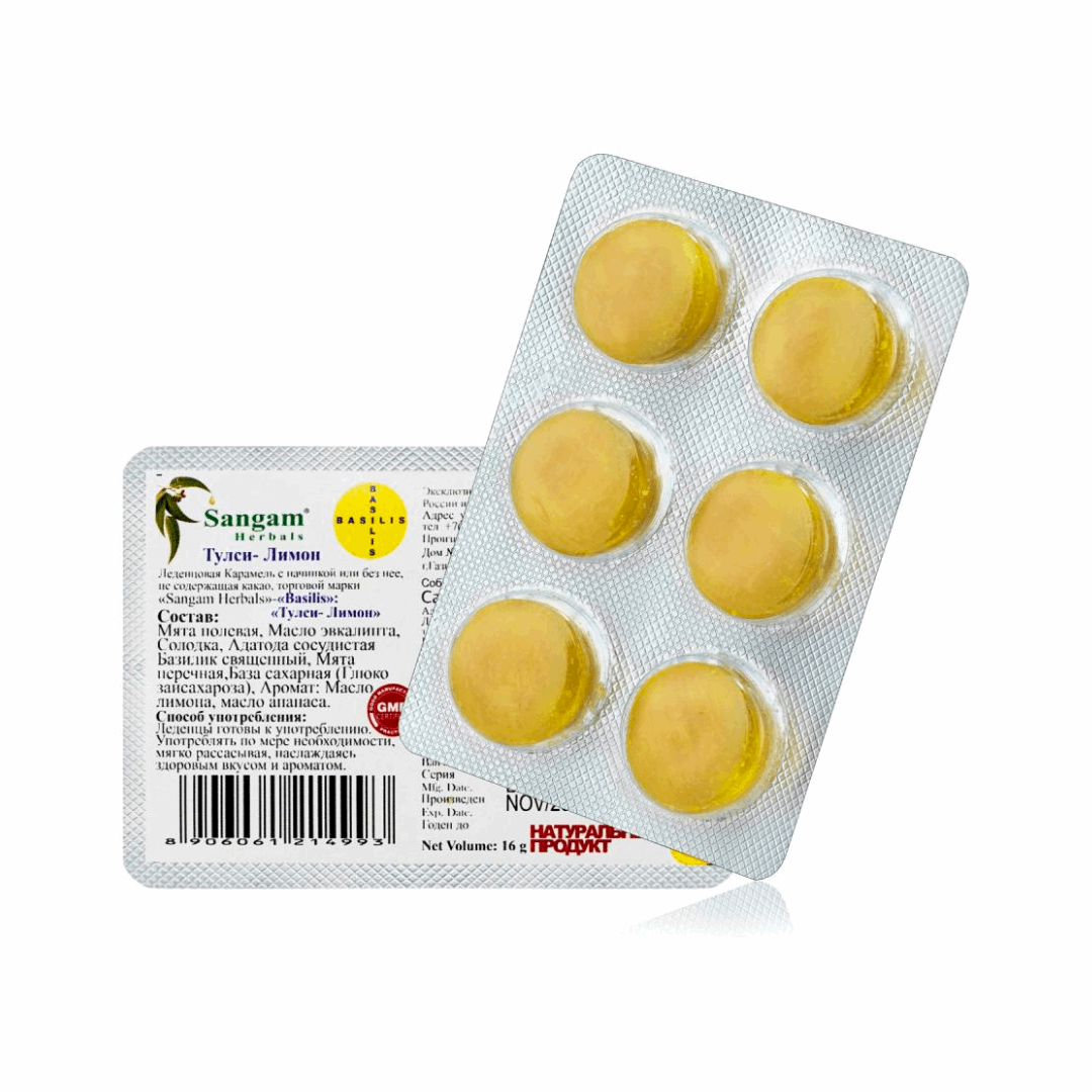 Леденцы от боли в горле Тулси и Лимон, Sangam Herbals
