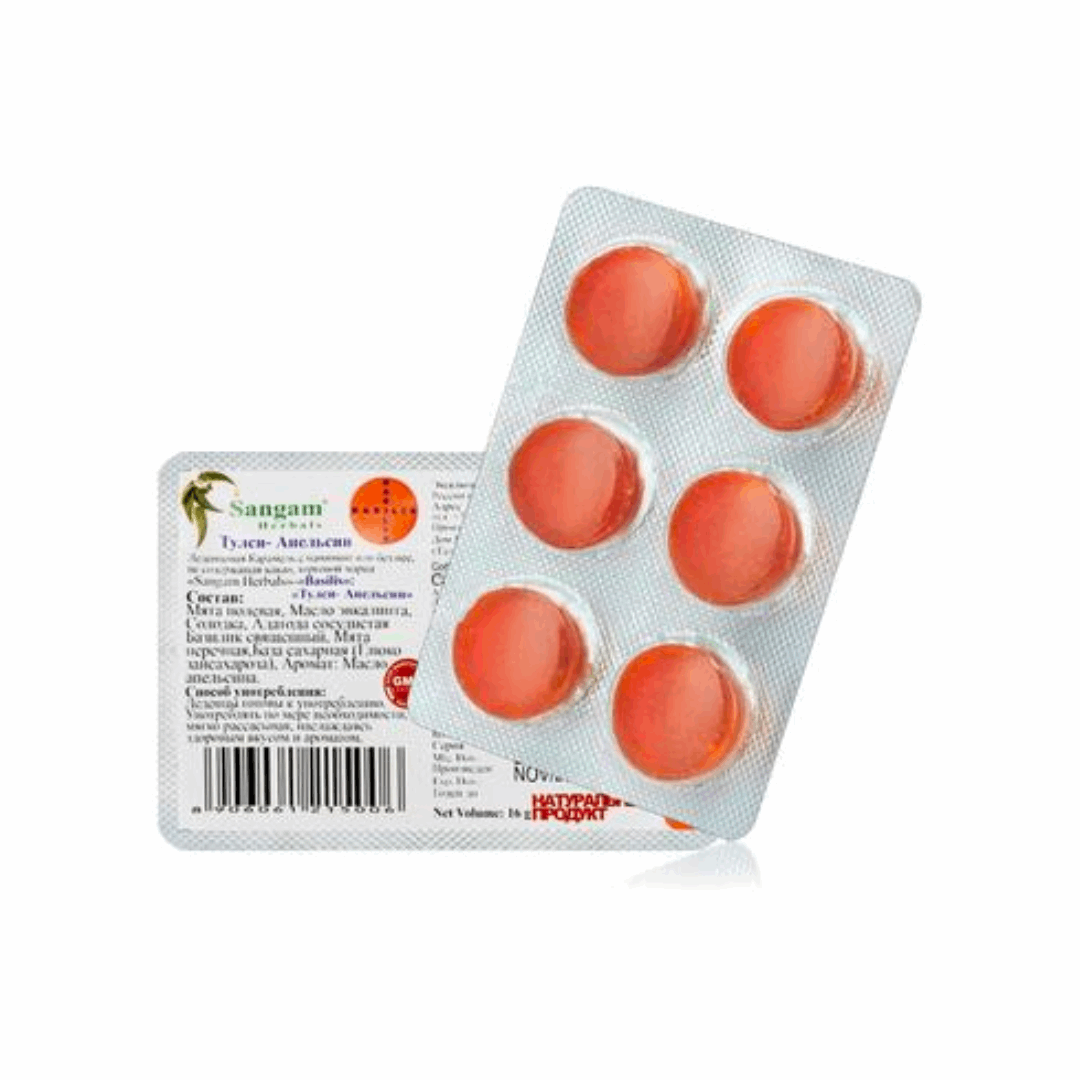 Леденцы от боли в горле Тулси и апельсин, Sangam Herbals
